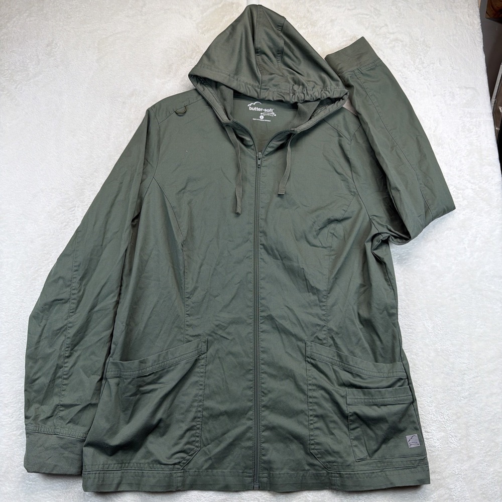 Butter Soft Stretch Hooded Jacket Olive Green Lightweight Zip Front Womens L